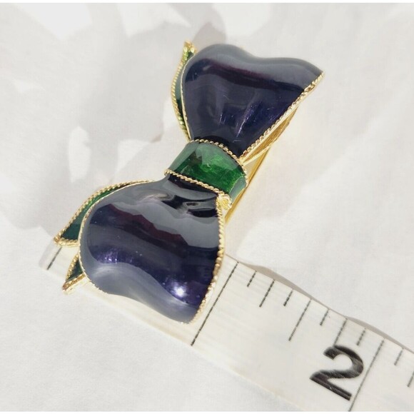 Vintage Brooch Pin Bow Ribbon Enamel Blue Green Gold - Picture 8 of 9